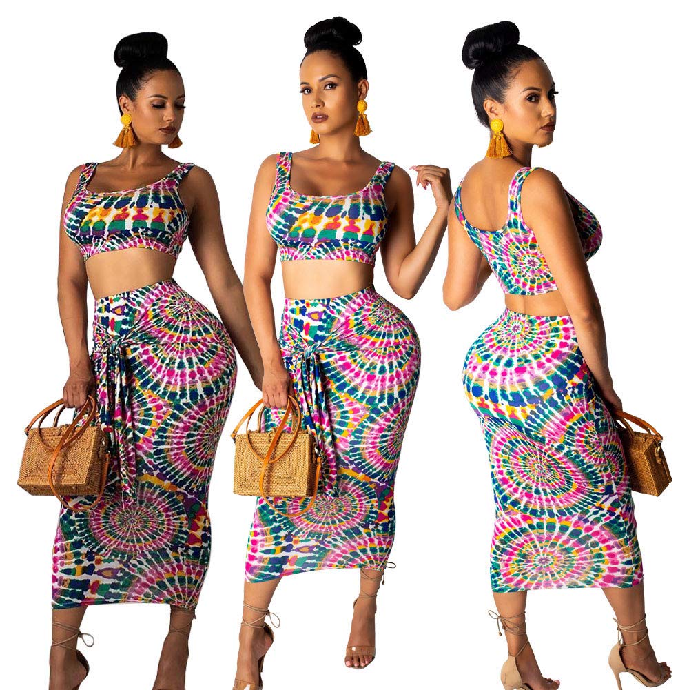 Womens 2 Piece Outfits Crop Top - Sexy Sleeveless Tie Dye Print Tank Bodycon Skirts Set Midi Dress
