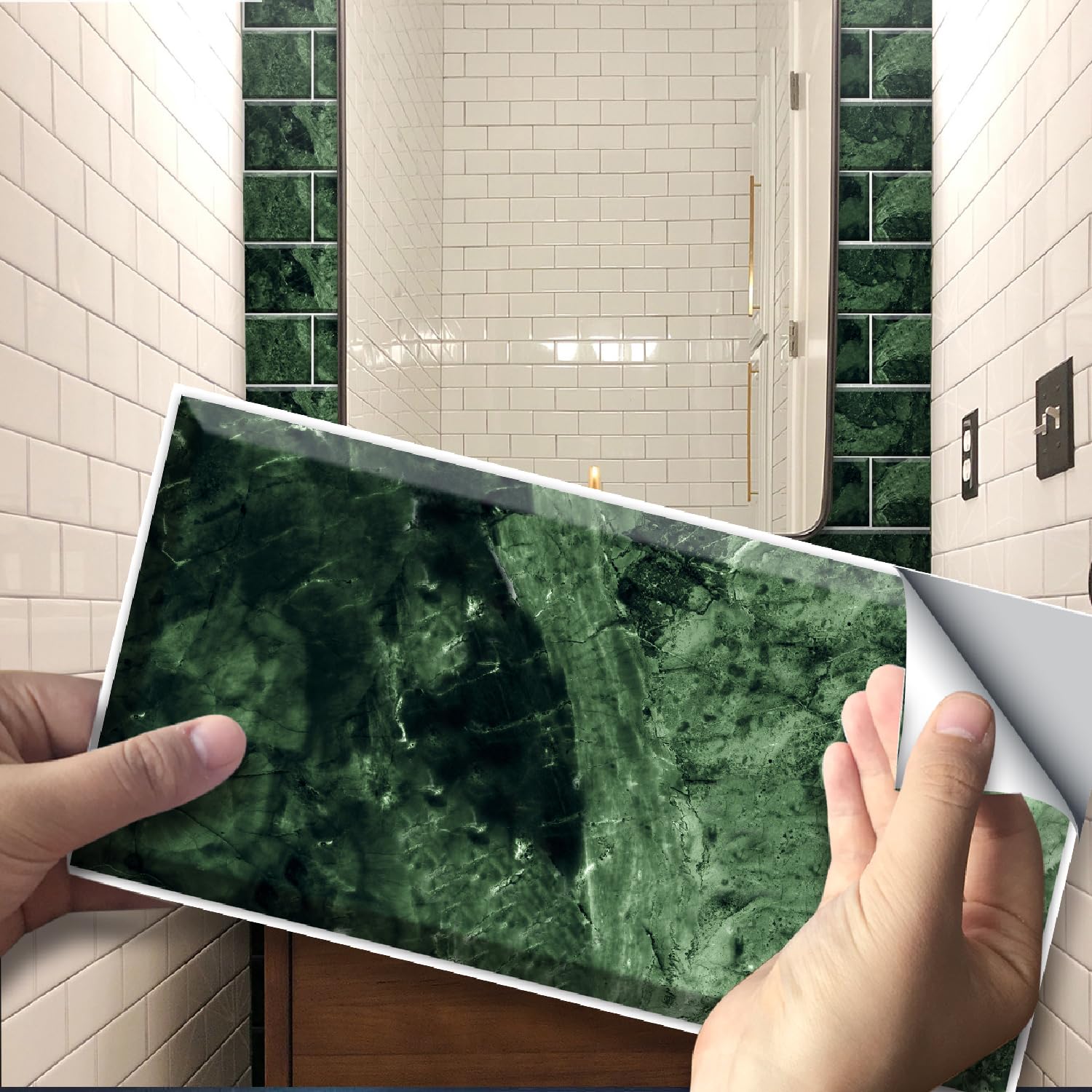 Neukids 54pcs Neukids Green Emerald Marble Tile Stickers, Peel and Stick Kitchen Splashback, Tile Transfers Sticker for Home Decor, Tile Decals for Living Room Kitchen Bathroom Laundry RV Backsplash