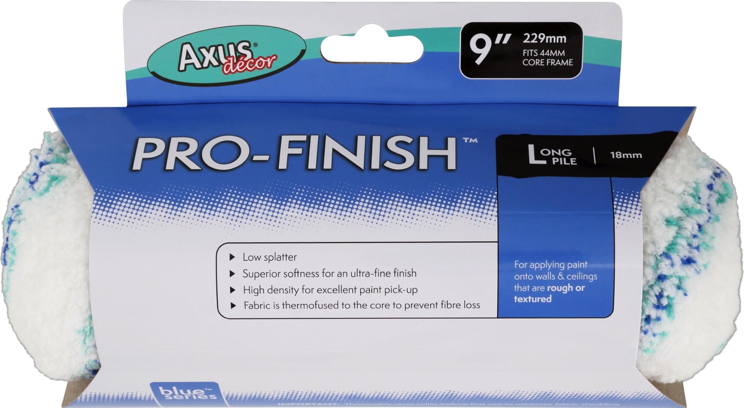 Axus Decor Pro-Finish Roller, Long Pile (Blue Series) Paint Roller Sleeve, Ultra Fine Finish, Long Pile for Professional & DIY Projects, Ideal for Uneven Walls & Ceilings, 9"/230mm,44mm core