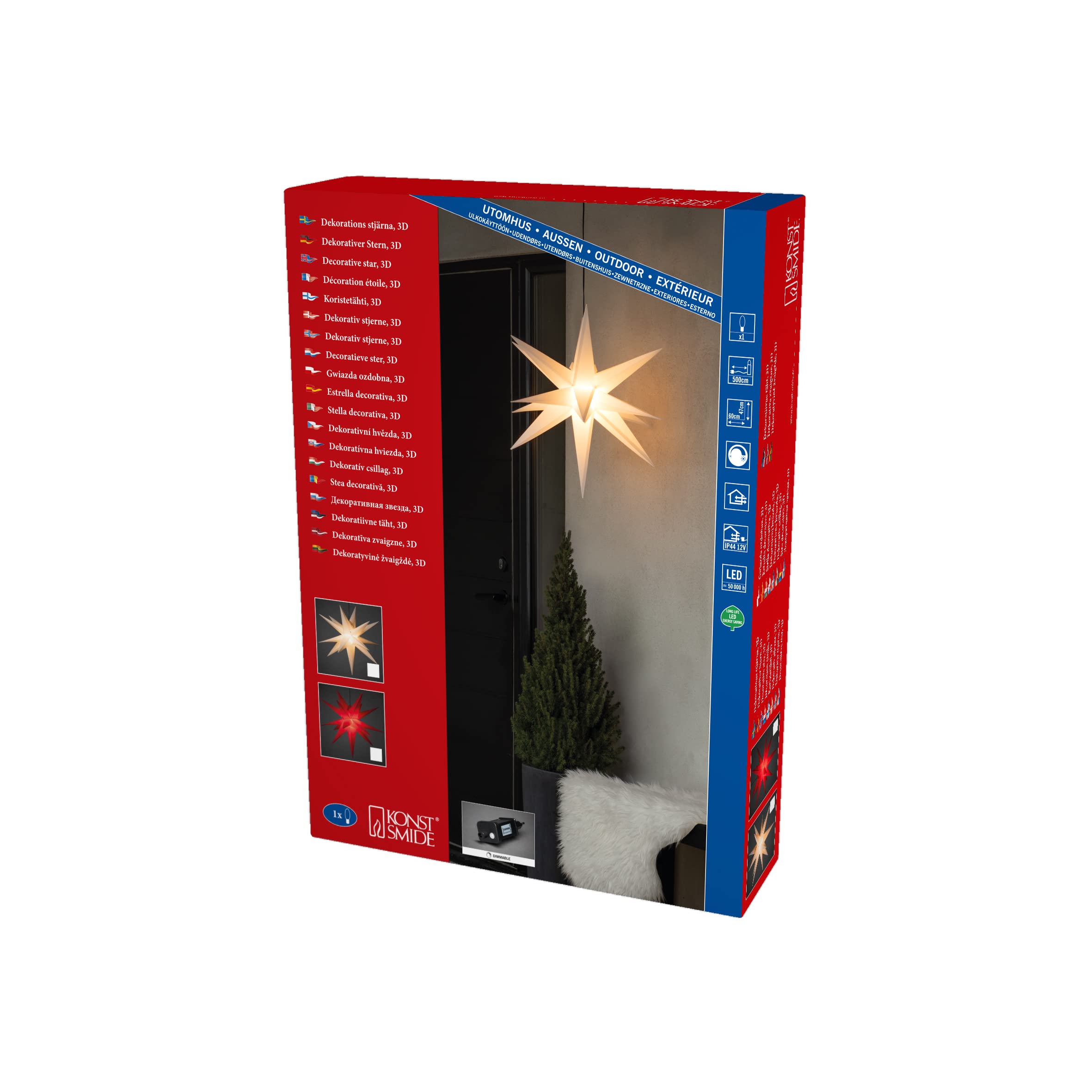 Konstsmide Christmas Lights/Outside Lights LED Decoration 3D Star/Outdoor Lighting (IP44) / Built in Dimmer/Warm White LED/Black Cable/White