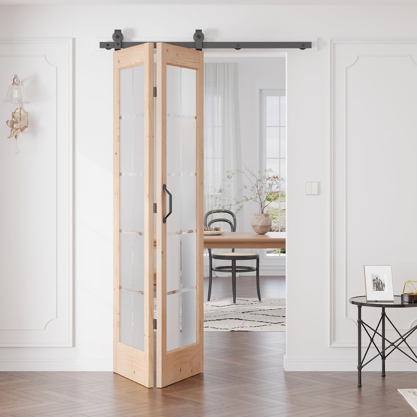 Photo 1 of **It's used, it's missing a part, and it's not known if it works 100%.****CEAKIAN Preassembled Bifold Barn Door 48 x 84 in (Double 24x84in) with Bi-fold Door Hardware Kit, Frosted Glass Cross Transparent, Pre-Drilled Holes, French Glass Doors, Wood Slat, 