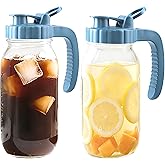 64 Oz Glass Pitcher With Lid 2 Set Half Gallon Wide Mouth Mason Jar Cold Hot Water Pitcher 2 Quart Sun Tea Glass Jar For Outside For Fridge Lemonade, Beverage,Milk,Juice, Cold Brew Iced Tea Container