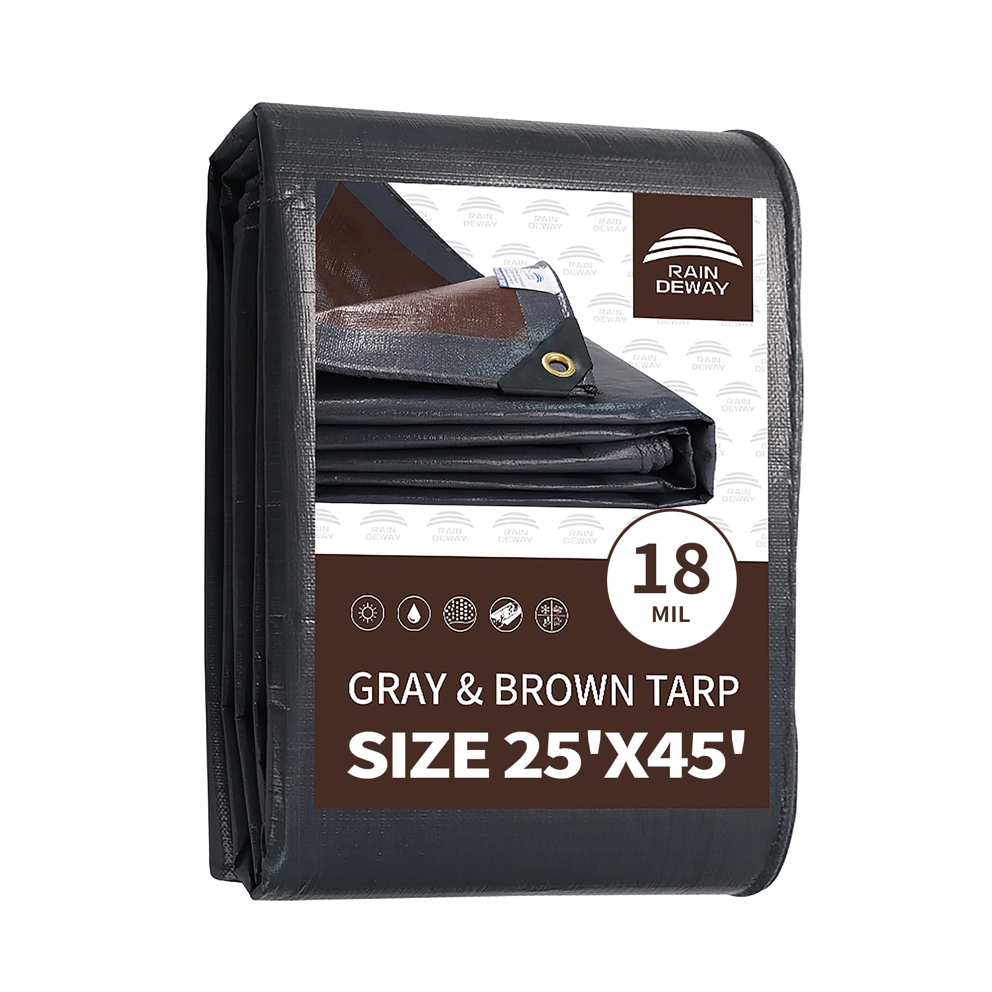 RAINDEWAY 25x45 Feet Super Heavy Duty Tarp 18 Mil, UV Resistant, Weatherproof, Multipurpose Waterproof Poly Tarp with Grommets and Reinforced Edges, Brown/Gray Tarps Image