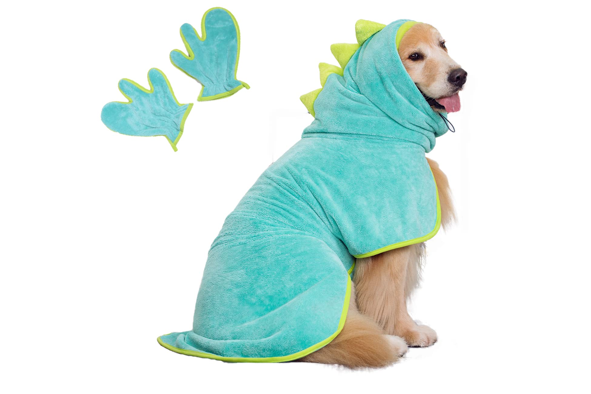 Pawyee Super Soft Fast-Drying Dog Towel Set for Cold Weather, Beach, Pool - Adjustable Microfiber Bath Robe with Drying Gloves for Cats and Dogs (S, Blue Dino)