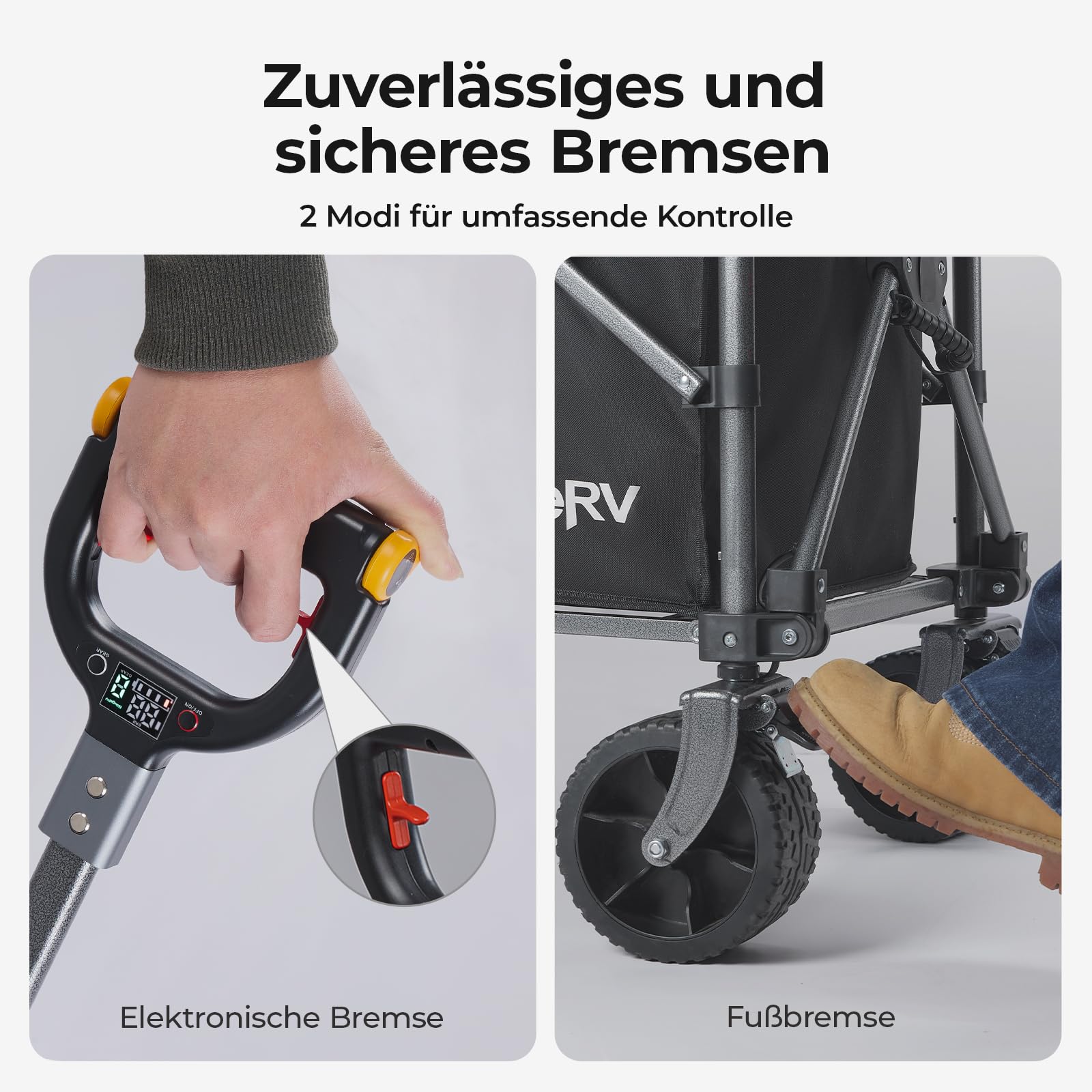 BougeRV Elektrischer Bollerwagen faltbar, 200 kg Belastbarkeit, Campingwagen mit Antrieb, 250W Doppelmotor & 250L Volumen, Offroad Elektro-Handwagen für Outdoor-Abenteuer & Garten (Ohne Ladegerät) 5