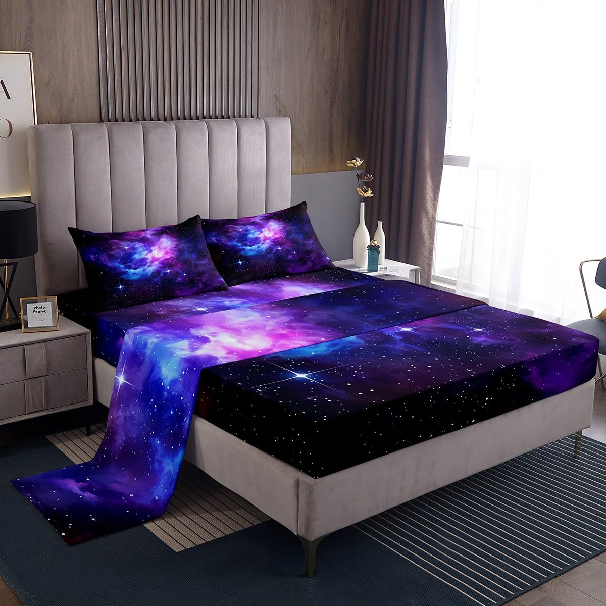 Purple Galaxy Sheet Set Double Size Out Space Bedding Sheets Set with Flat & Fitted Sheet for Boys,Girls and Kids Bedding Collection Starry Sky Universe Star Sheets Luxury