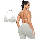 Ieumaz Strappy Sports Bras for Women Seamless Padded Twill Knit Deep V Halter Workout Gym Tops Yoga Bras for Women