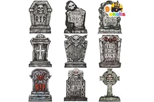 JOYIN 16" 9 Pcs Halloween Tombstones Decorations Outdoor, Graveyard Yard Lawn Plastic Headstones with 18 Metal Stakes for Halloween Cemetery, Indoor Decorations, Prop, Party Decor Supplies