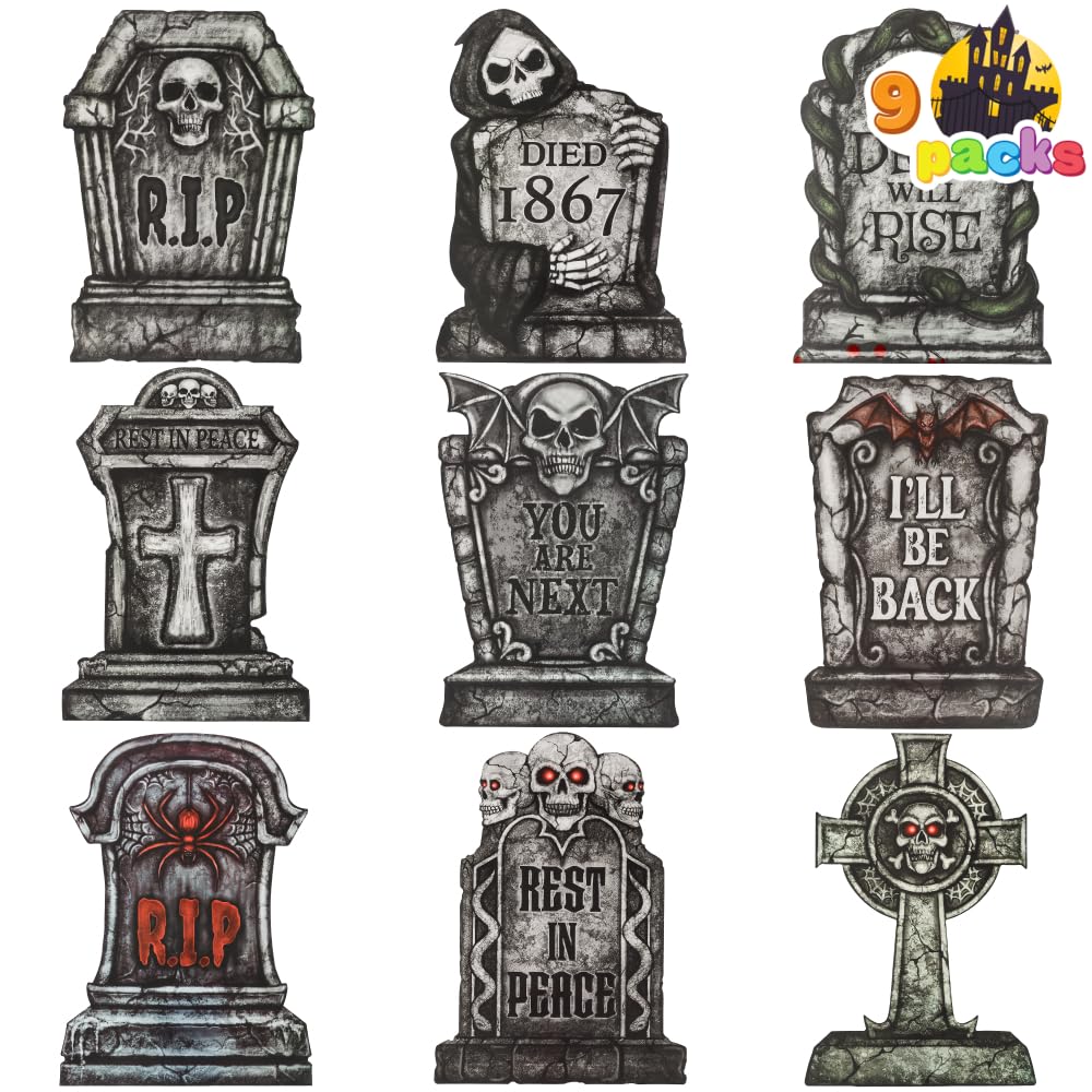 Photo 1 of JOYIN 16" 9 Pcs Halloween Tombstones Decorations Outdoor, Graveyard Yard Lawn Plastic Headstones with 18 Metal Stakes for Halloween Cemetery, Indoor Decorations, Prop, Party Decor Supplies