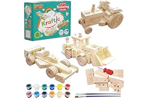 Kraftic Woodworking Building Kit for Kids, with 3 Educational DIY Carpentry Construction Wood Model Kit Toy Projects for Boys and Girls- Tractor, Bulldozer and Racing Car