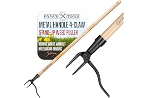 Papa's Tools Weeder - Stand Up Weed Puller Wooden Long Handle - Real Bamboo & 4-Claw Steel Head - Easily Remove Weeds Effortlessly Without The Need to Tug, Bend, Or Flex, (Wood/Detachable)