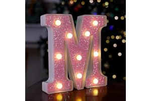 TRONSBOO LED Letter Lights Pink Glitter Marquee Letters Light Up Alphabet Letters Sign Battery Powered for Home Party Decoration Night Bar Wedding Birthday Christmas Lamp Girls Gift - Letter M