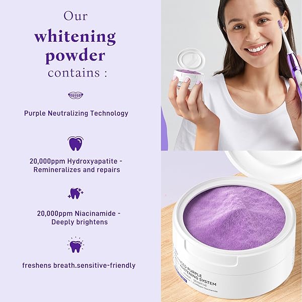 TEETH WHITENING POWDER, REMINERALIZING HYDROXYAPATITE TOOTH POWDER WITH NIACINAMIDE,R5X PURPLE COLOR CORRECTOR FOR INSTANT BRIGHTENING, ENAMEL REPAIR & LONG-LASTING NATURAL WHITE-30G