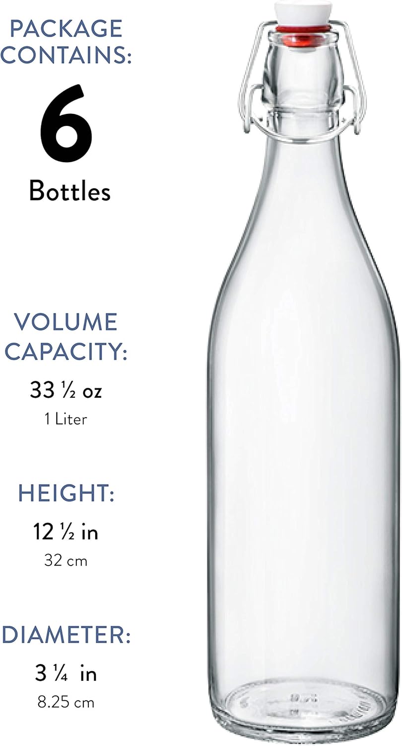 Giara Swing Top Bottles 33 ¾ Ounce/1 Liter (6 Pack) ROUND Clear Glass Grolsch Flip Top Bottle With Stopper, for Beverages, Smoothies, Kefir, Beer, Soda, Juicing, Kombucha, Water, Milk, Oil and Vinegar: Kitchen & Dining