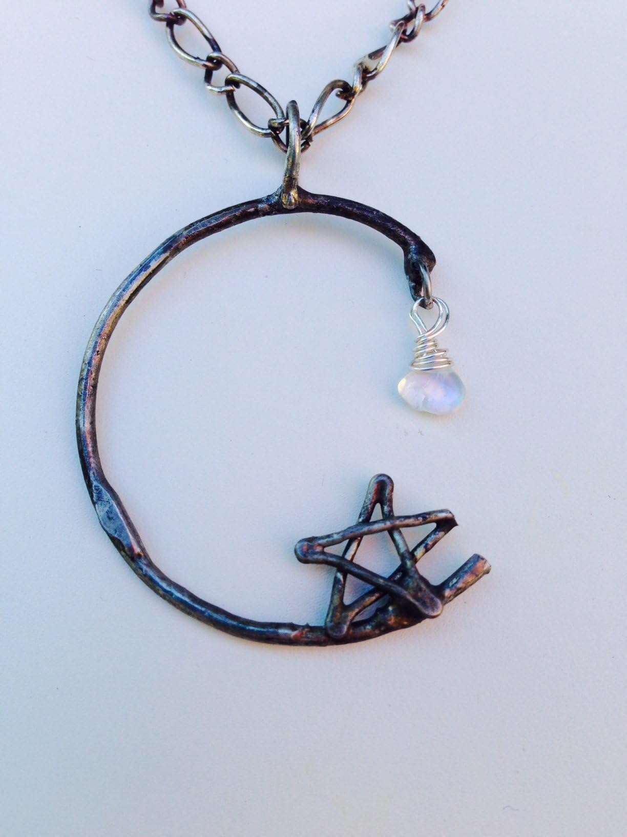 Moon and Star Necklace, Crescent Pentacle Moonstone Pendant