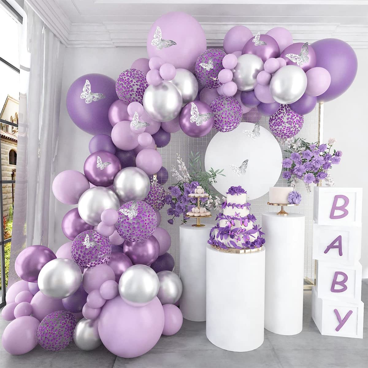 118Pcs Purple & Silver Metallic Balloon Arch Garland Kit, Glitter Confetti Balloons with Butterfly Stickers, Elegant DIY Party Decor for Birthday Party, Baby Shower, Wedding, Bridal Shower Decorations