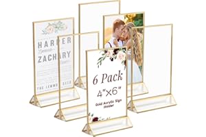 Ayuanb 4x6 Inch Acrylic Sign Holder with Gold Borders, 6 Pack Gold Picture Frames for Wedding, Double Sided Table Number Holders Menu Holders, Acrylic Stands for Display, Restaurant Signs