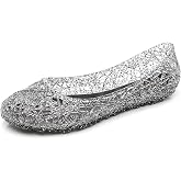 OMGard Womens Jelly Sandals, White Jelly Shoes Glitter Flats for Women Size 9, Slip On Summer Ballet Flat Transparent Layered Lines Bird Nest Soft Hollow Out Loafers
