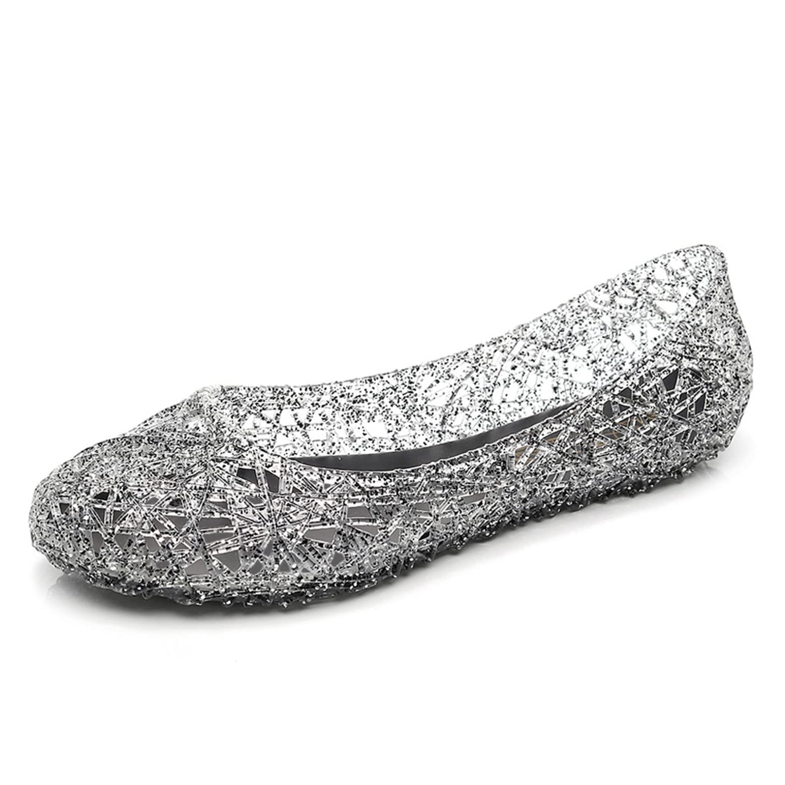 Photo 1 of OMGard Womens Jelly Sandals, Black Jelly Shoes Glitter Flats for Women Size 8, Slip On Summer Ballet Flats Transparent Layered Lines Bird Nest Soft Hollow Out Loafers
