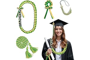 ATCCPYDM Graduation Ribbon Lei Class of 2025 Handmade Braided Necklace Honor Cord with Tassel Grad Lei Kit for Graduate Women Men High School College Grad Party Supplies(Gold+Green)