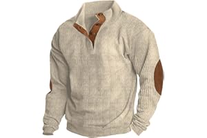 WOLWES Mens Corduroy Shirt Lapel Collar Button Up Pullover Mock Neck Long Sleeve Sweaters Polo Sweatshirts with Elbow Patches