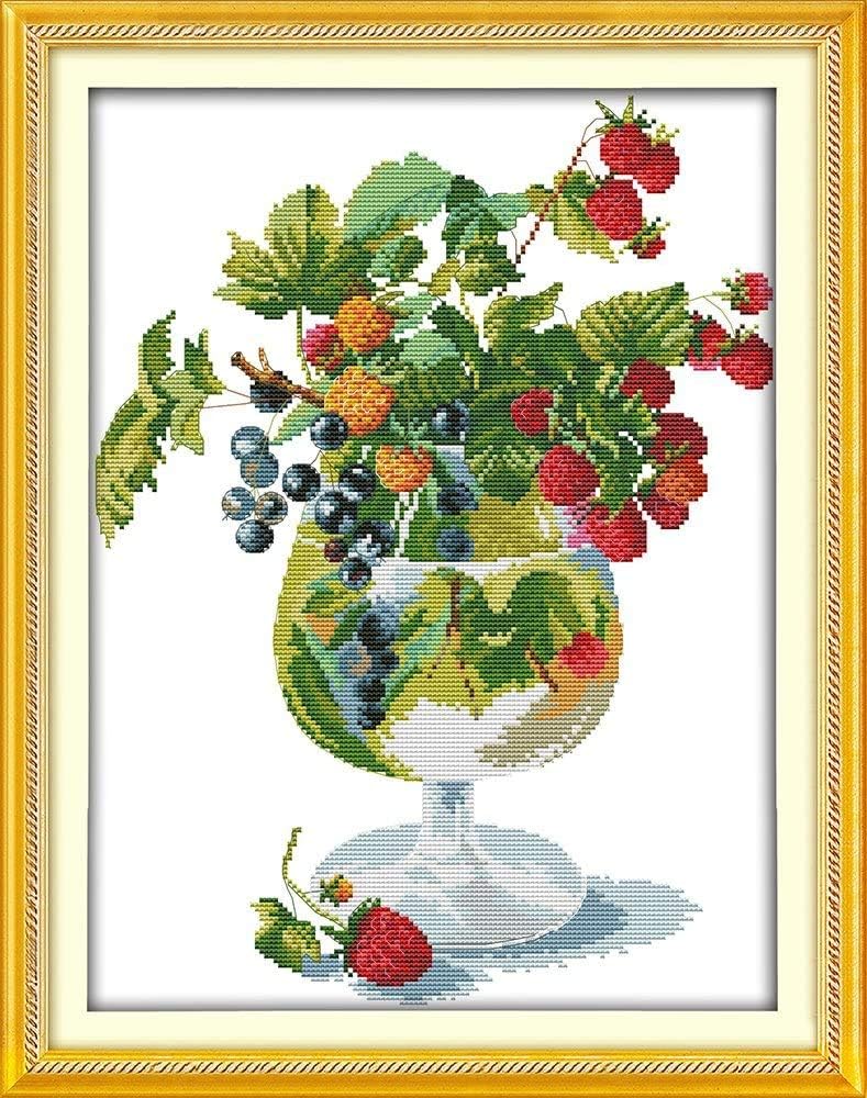 Happy Forever Cross Stitch Kits 11CT Stamped Patterns for Kids and Adults, Preprinted Embroidery kit for Beginner, Blessing of Flowers (J287 Strawberry and Glass, Size 15''x19'')