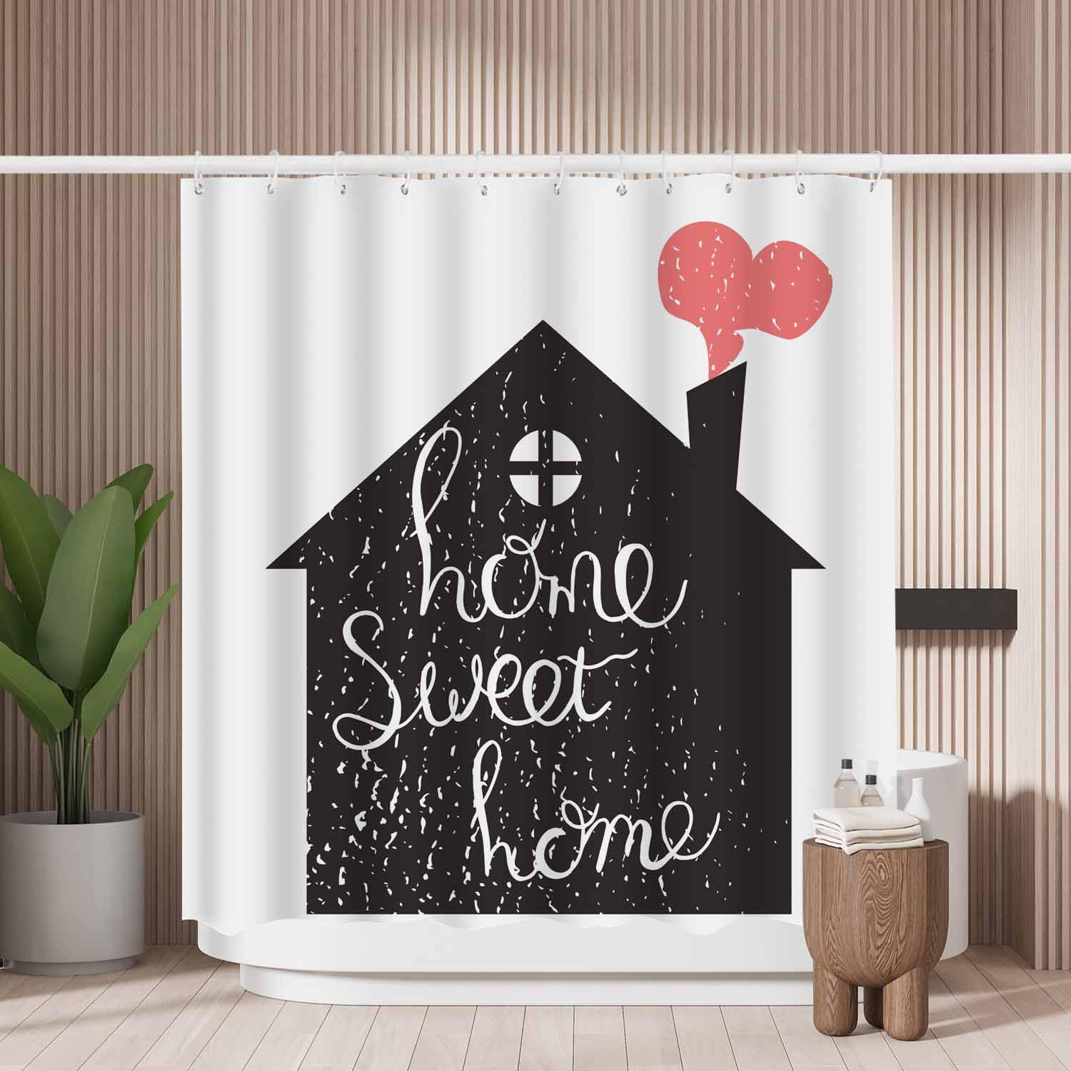 Woutay Shower Curtain Mould Proof Resistant Sweet Home Hand Drawn,Water Repellant Fabric,Polyester,with 12 Plastic Hooks