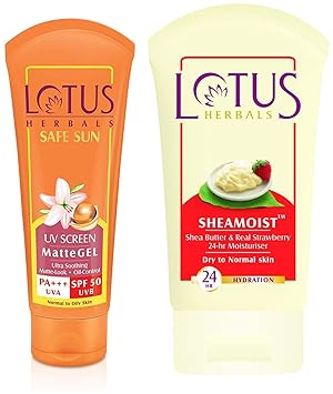 Lotus Herbals Safe Sun UV Screen Matte Gel, SPF 50, 100g and Lotus Herbal Sheamoist Shea Butter And Real Strawberry 24 Hour Moisturiser, 120g