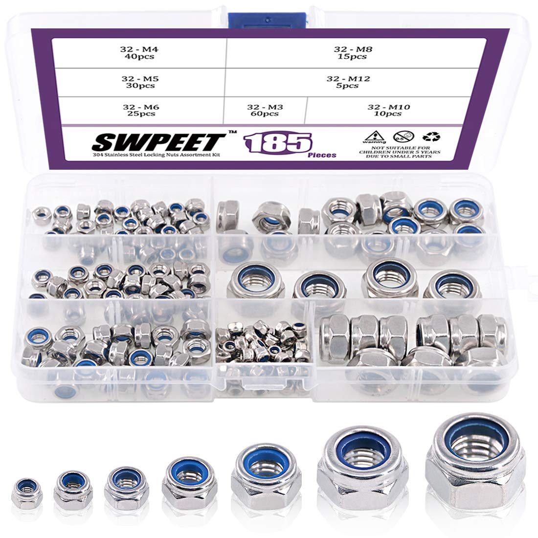 Swpeet 185Pcs 304 Stainless Steel Metric Lock Nut Assortment Kit Perfect for Lock Washers, Nylon Insert Locknut M3 M4 M5 M6 M8 M10 M12