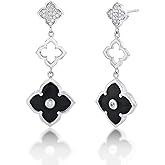 Mother of Pearl, Onyx, Malachite, Lapis Lazuli and Cubic Zirconia Three Flower Drop Dangle Earrings for Women I Gold Plated 925 Sterling Silver Earrings for Her I Push Back by Lavari Jewelers