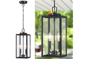 MYHXQ 15'' Large Dusk to Dawn Outdoor Pendant Light 2-Light, Modern Black Metal Outside Chandelier Exterior Hanging Fixture Ceiling Mount with Clear Glass for Front Porch Entrance Foyer Entryway, 1 Pack