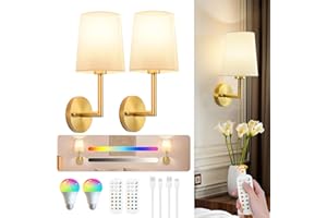 JKEYES Battery Operated Wall Sconces Set of Two, Gold Cordless Wall Sconce with 10000mAh RGB Dimmable Detachable Rechargeable Bulbs, 12 Colors Sconces Wall Decor for Bedroom Living Room Hallway