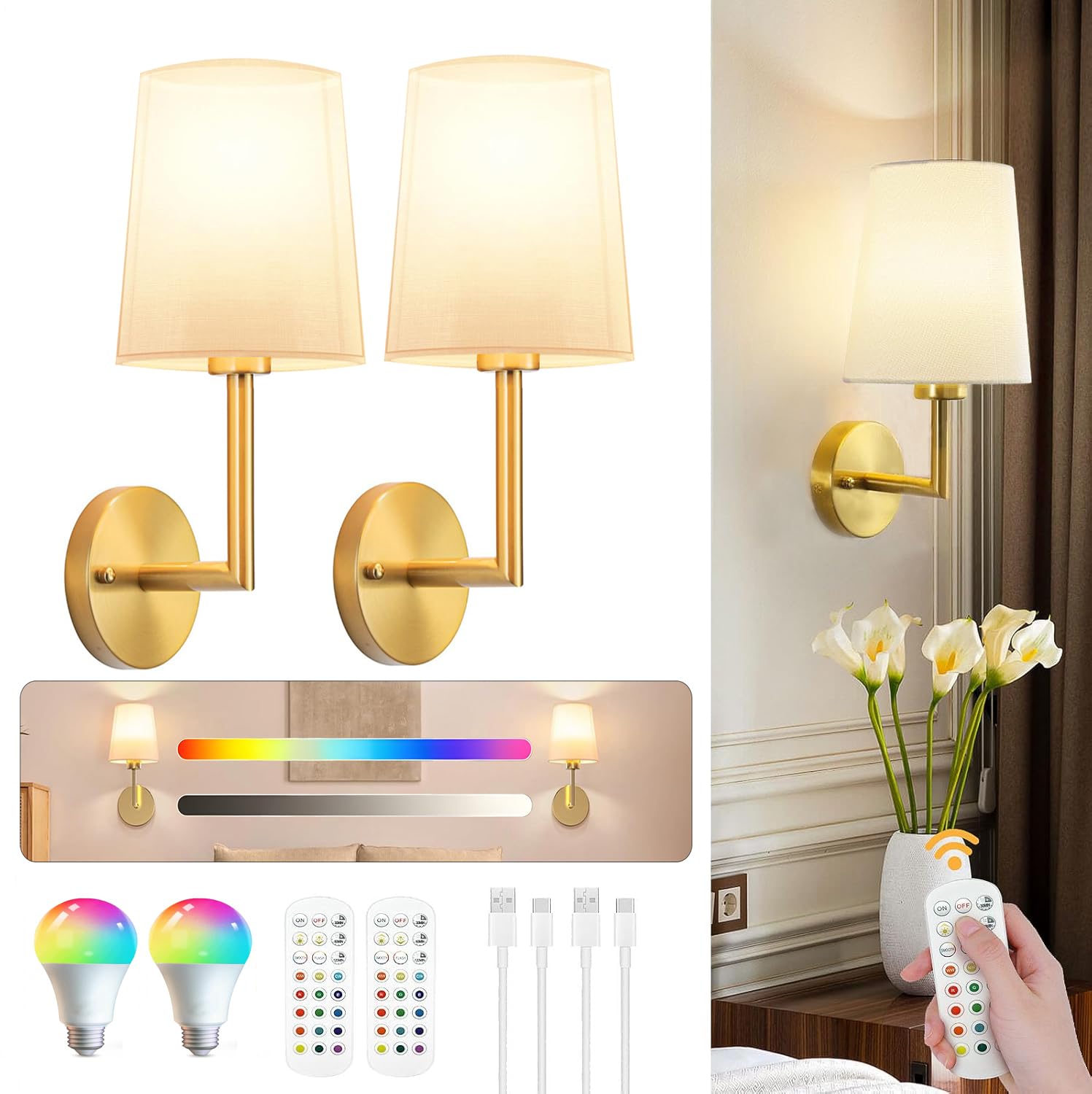 Photo 1 of ***MAJOR DAMAGE*** JKEYES Battery Operated Wall Sconces Set of Two, Gold Cordless Wall Sconce with 10000mAh RGB Dimmable Detachable Rechargeable Bulbs, 12 Colors Sconces Wall Decor for Bedroom Living Room Hallway