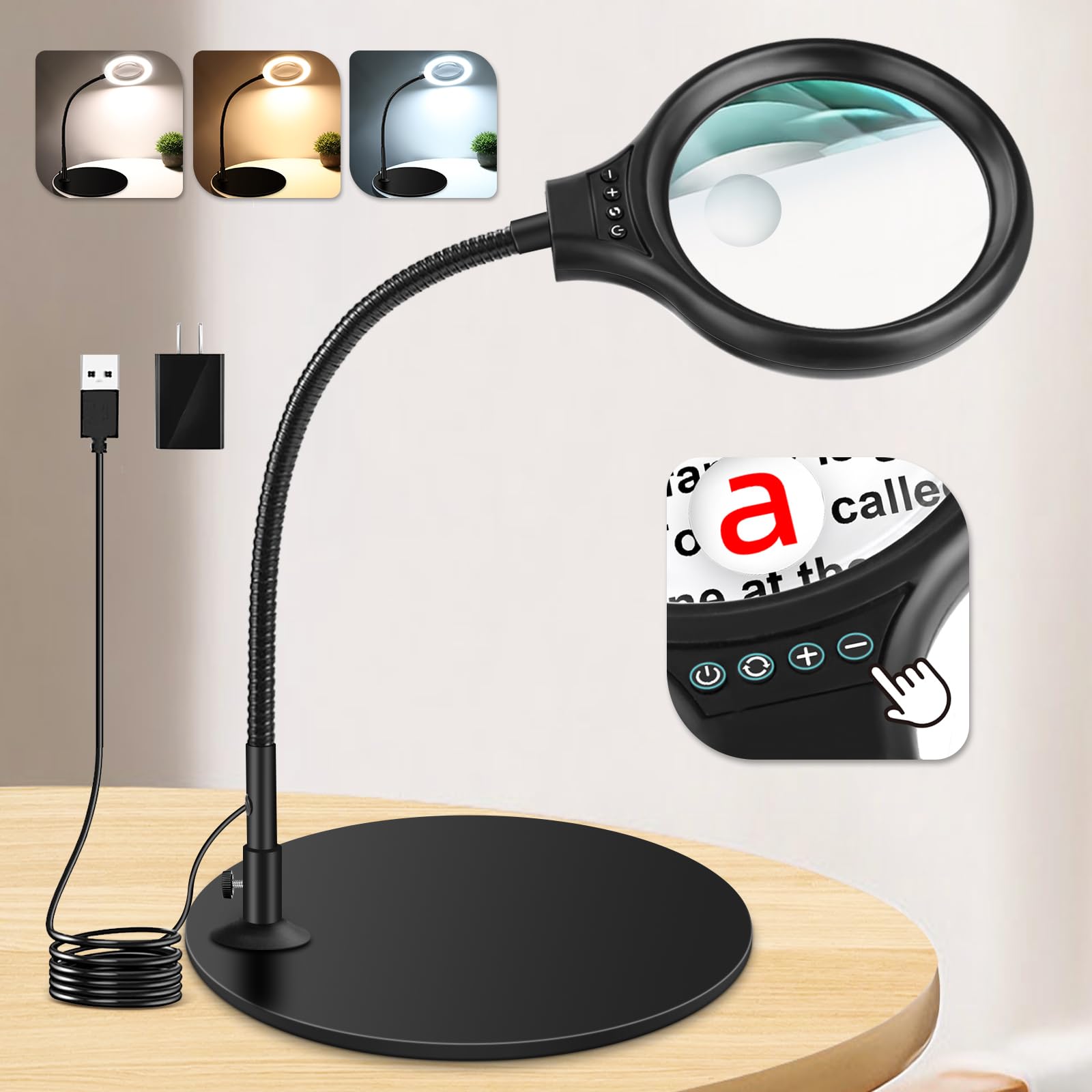 Photo 1 of 10X 20X Desk Magnifying Glass with Light and Stand, Magnifying Lamp with 3 Color Modes Lighted Magnifying Light for Crafts Hands Free, Head Button Reading Magnifier for Books Sewing