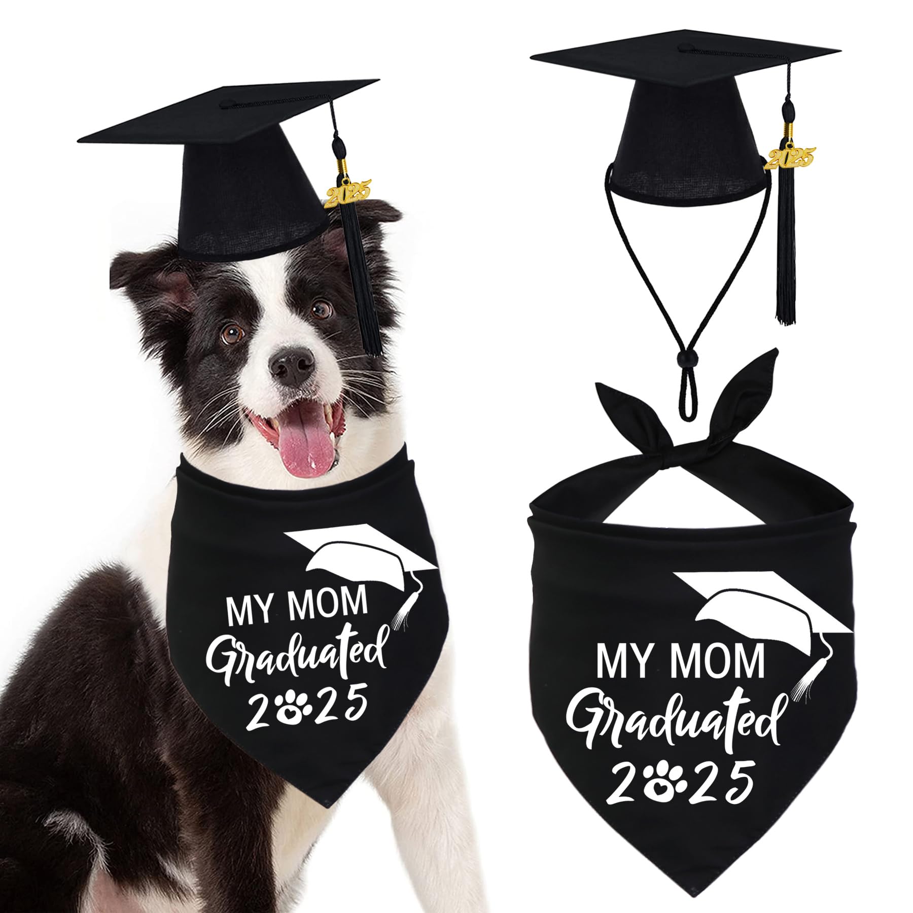 Photo 1 of *NO HAT**JOTFA Dog Graduation Bandana & Cap Set - Black, My Mom Graduated 2025 Pattern - Polyester, Size 27" x 18" x 18" (Bandana), 6" x 6" x 2.9" (Cap) - For Dogs 10-23 lbs