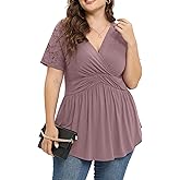TIANZHU Women Plus Size Top Short Sleeve Wrap Lace Dressy Shirt Sexy Low Cut Babydoll Blouses