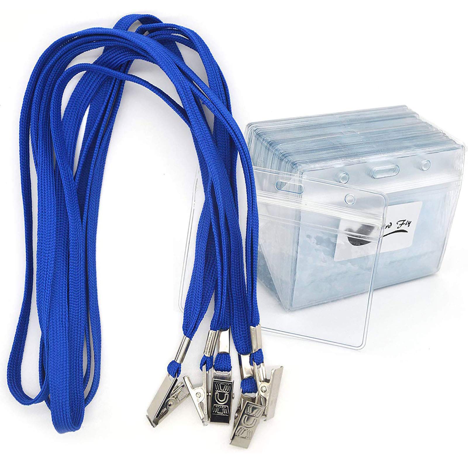 Lanyards with Id Holder Name Badges 50 Pack Waterproof Type Clear Plastic Name Tag Badge Id Card and 50 Pack Blue Lanyard