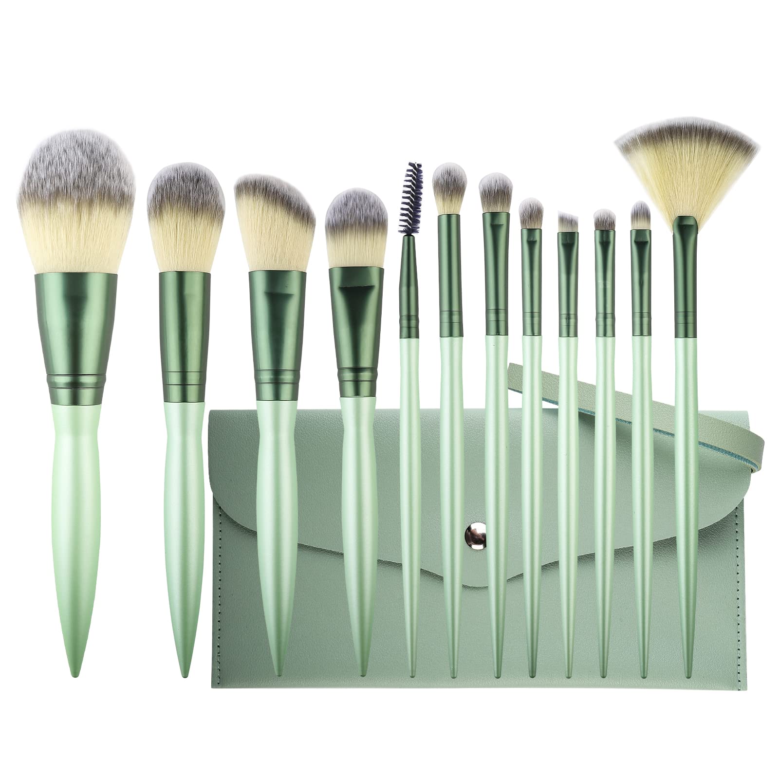 Makeup Brushes Set, 12 Pcs Synthetic Foundation Concealer Powder Blush Eyeshadow Eyebrow Lip Brush Makeup Brushes with Cosmetic Bag (Green)