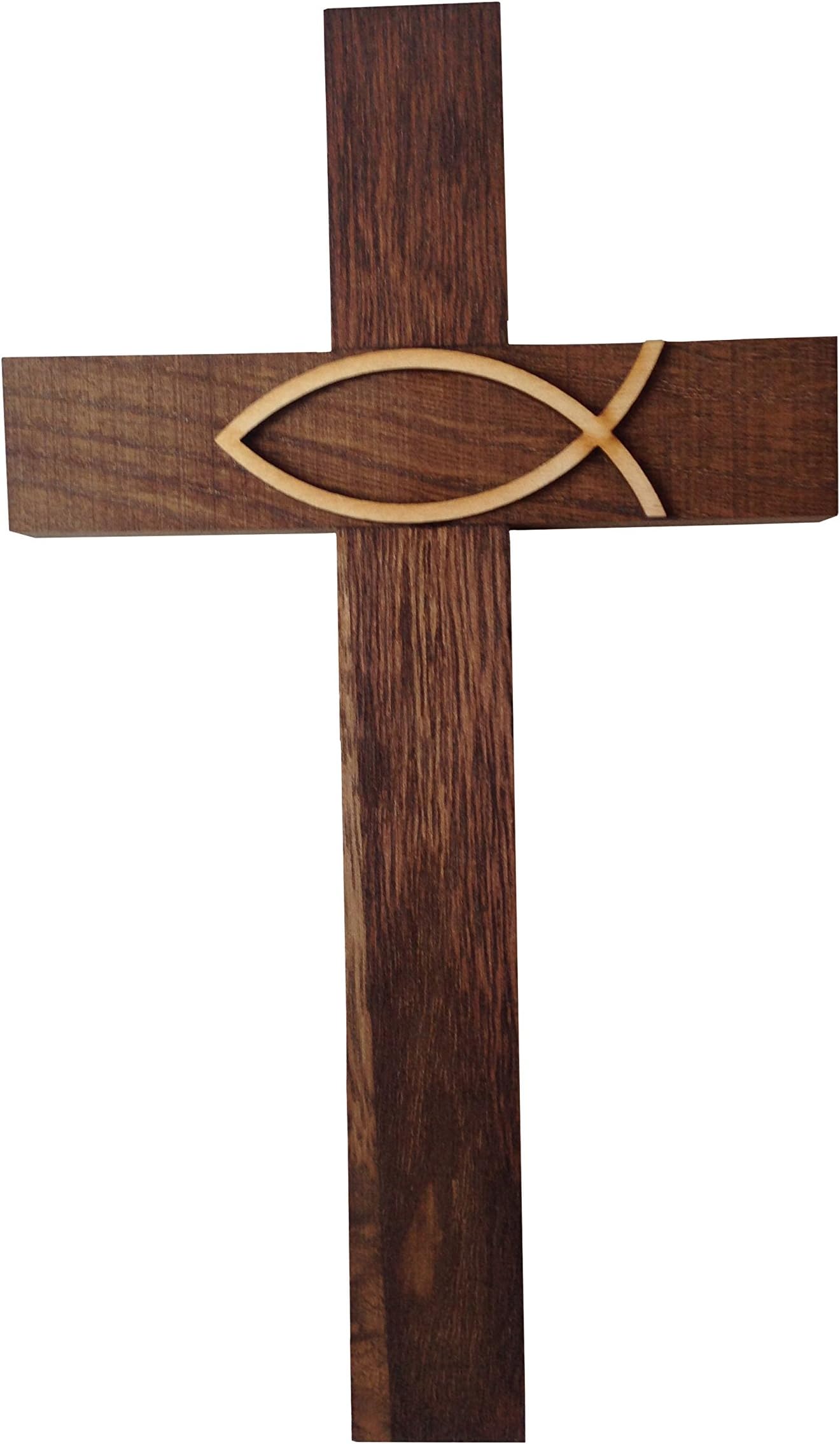 Wall Cross Wooden with Christian Fish 9" in Dark Walnut