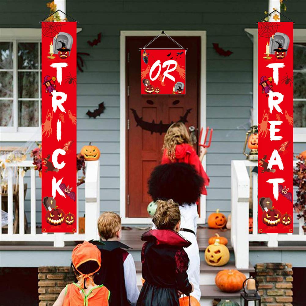 Halloween Banners Trick Or Treat Hanging Sign Halloween Party Hanging Decoration Indoor Outdoor Halloween Party Decor for Gate Porch Front Door Garden Curtain Easy to Hang Anywhere