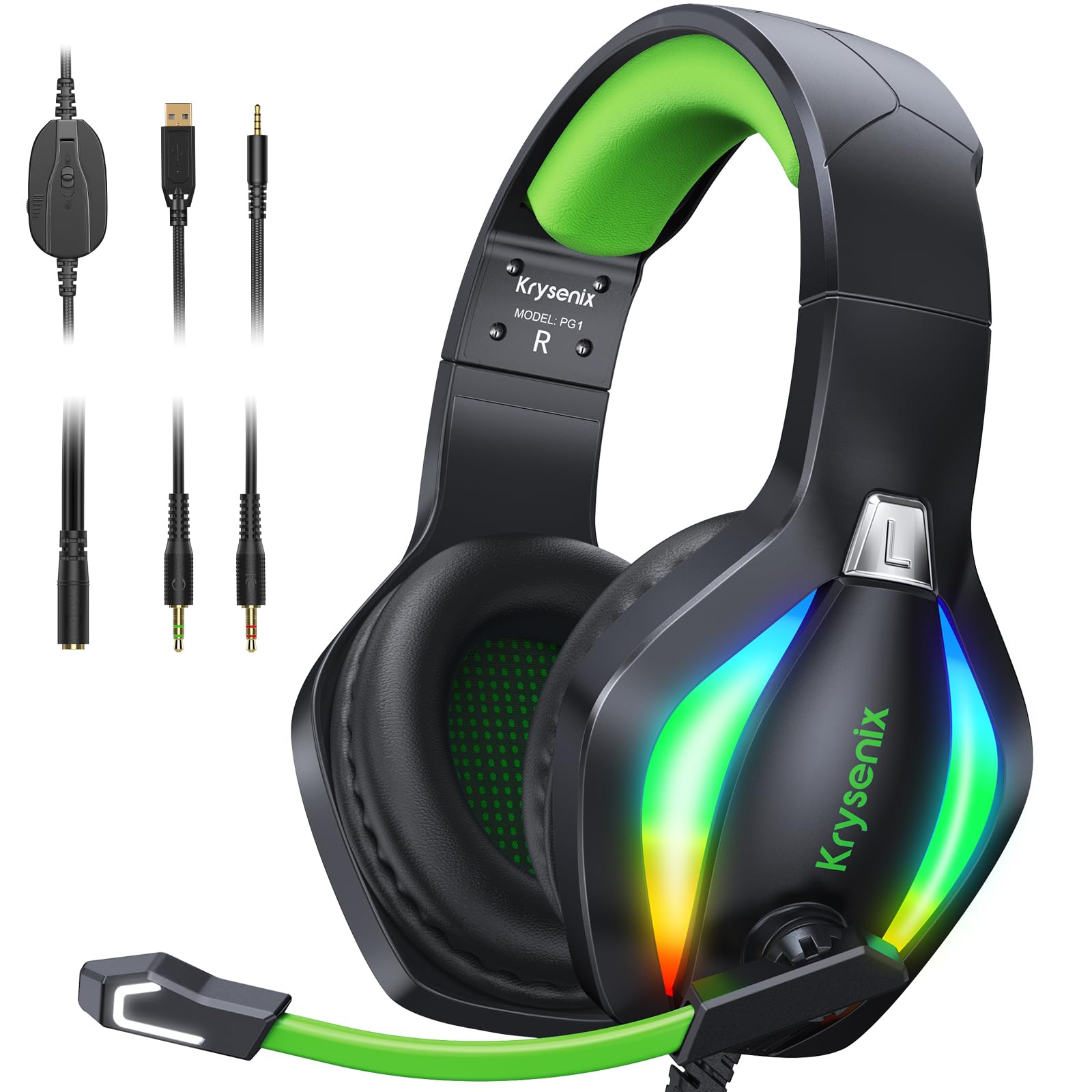 Krysenix PG1 Gaming Headset With Microphone - RGB Light Headphones For PS5, PS4, PC, Xbox & Switch
