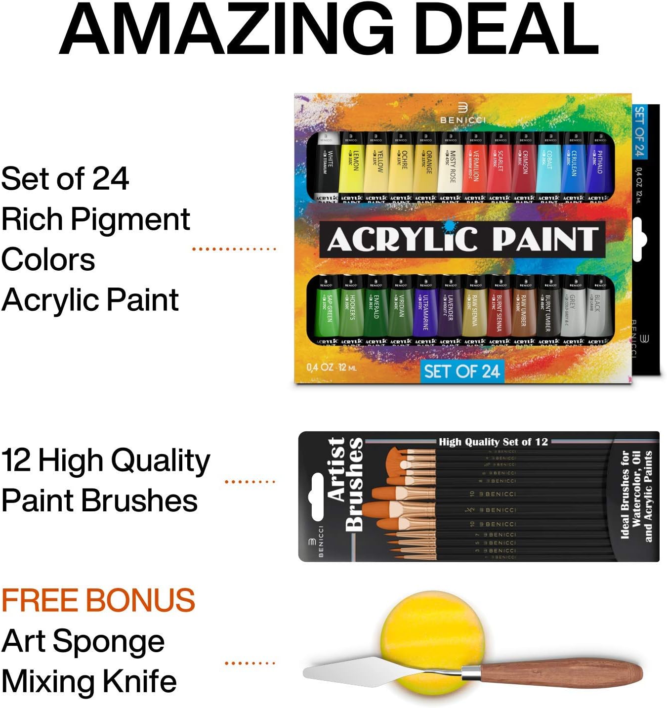 Complete Acrylic Paint Set – 24х Rich Pigment Colors – 12x Art Brushes with Bonus Paint Art Knife & Sponge – for Painting Canvas, Clay, Ceramic & Crafts, Non-Toxic & Quick Dry – for Kids & Adults