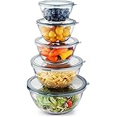 Cuiselect 5pc Glass Mixing Bowls with Lids Set (4.65QT, 2.80QT, 1.64QT, 1.16QT, 0.85QT), Nesting Salad Bowl, Large Glass Mixing Bowl for Cooking, Baking, Prepping-Dishwasher Microwave Freezer Safe