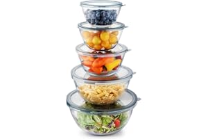 Cuiselect 5pc Glass Mixing Bowls with Lids Set (4.65QT, 2.80QT, 1.64QT, 1.16QT, 0.85QT), Nesting Salad Bowl, Large Glass Mixi