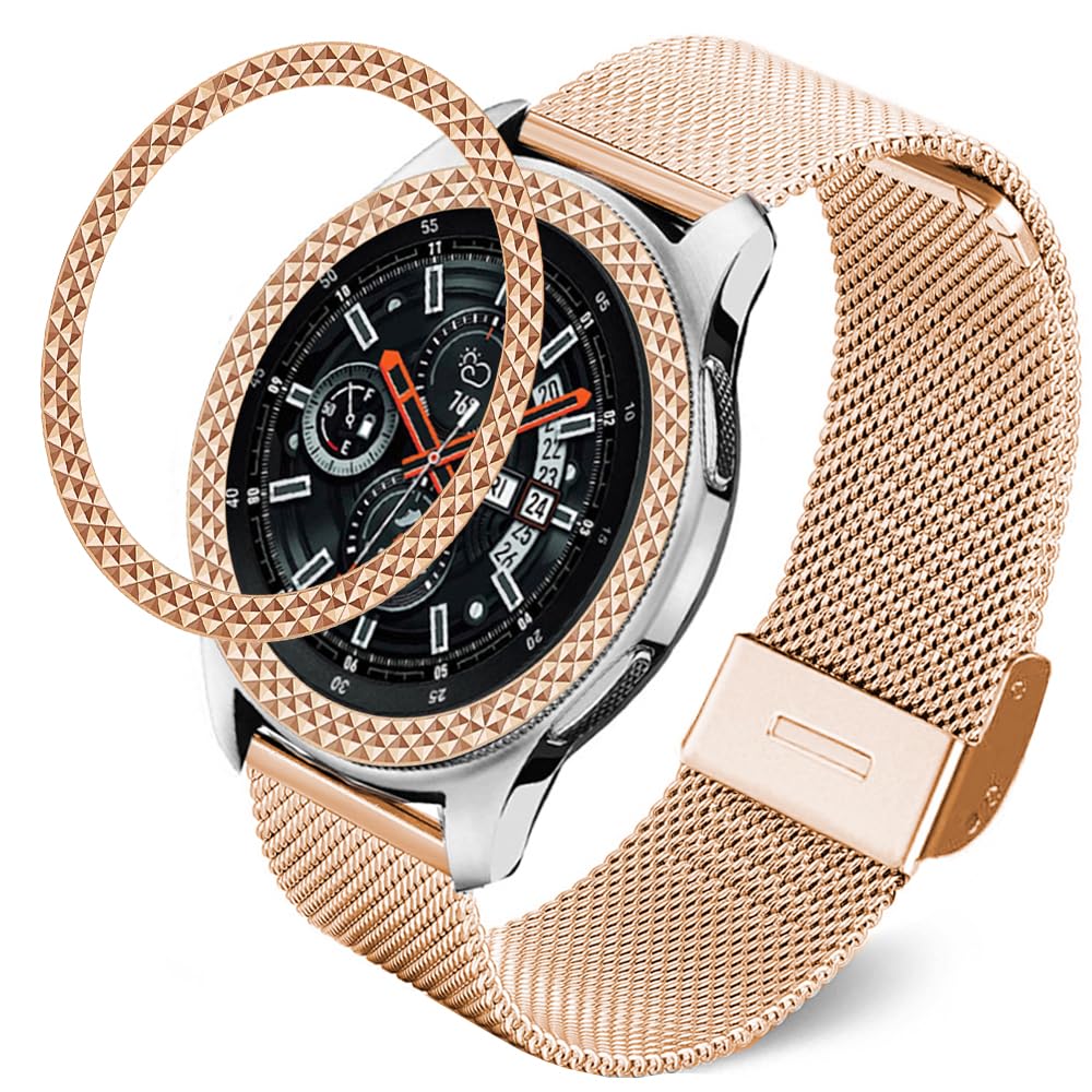 DEALELE Strap Compatible with Samsung Gear S3 Frontier / Classic / Galaxy Watch 46mm, 22mm Stainless Steel Mesh Bracelet with Rhombus-Texture Bezel Ring Case Cover Replacement for Women Men, Rosegold