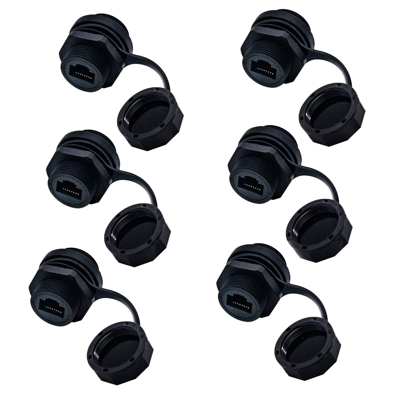 YIOVVOM Panel Mounting Waterproof RJ45 Coupler, cat 6 Splice Outdoor ethernet Connector, Female to Female, Combo with Cap Network Connectors Cat5/5e/6 8P8C Connector Waterproof Cover (6 Pack, Black)