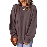 SunnyMelody Womens Oversized Pocket Sweater Fall 2025 Trendy Ribbed Knit Crew Neck Long Sleeve Side Slit Pullover Tops