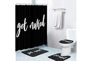 Britimes 4 Piece Shower Curtain Sets, with 12 Hooks, Get Naked Black with Non-Slip Rugs, Toilet Lid Cover and Bath Mat for Bathroom Decor Set, 72" x 72"