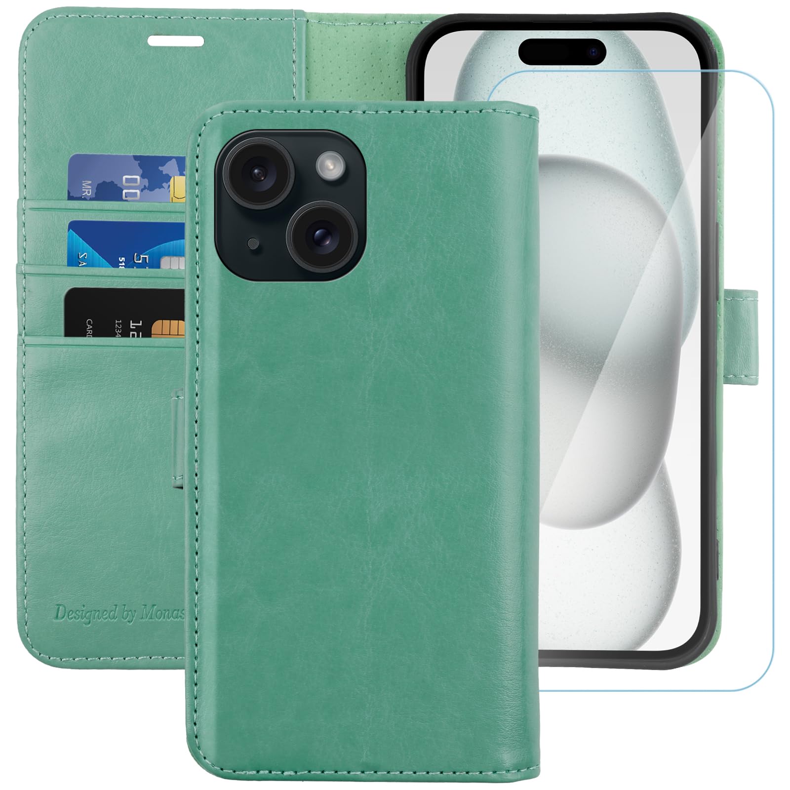 MONASAY for iPhone 15/14 Plus 5G Wallet Case, 6.7-inch [Glass Screen Protector Included] [RFID Blocking] Flip Folio Leather Cell Phone Cover with Credit Card Holder, Mint