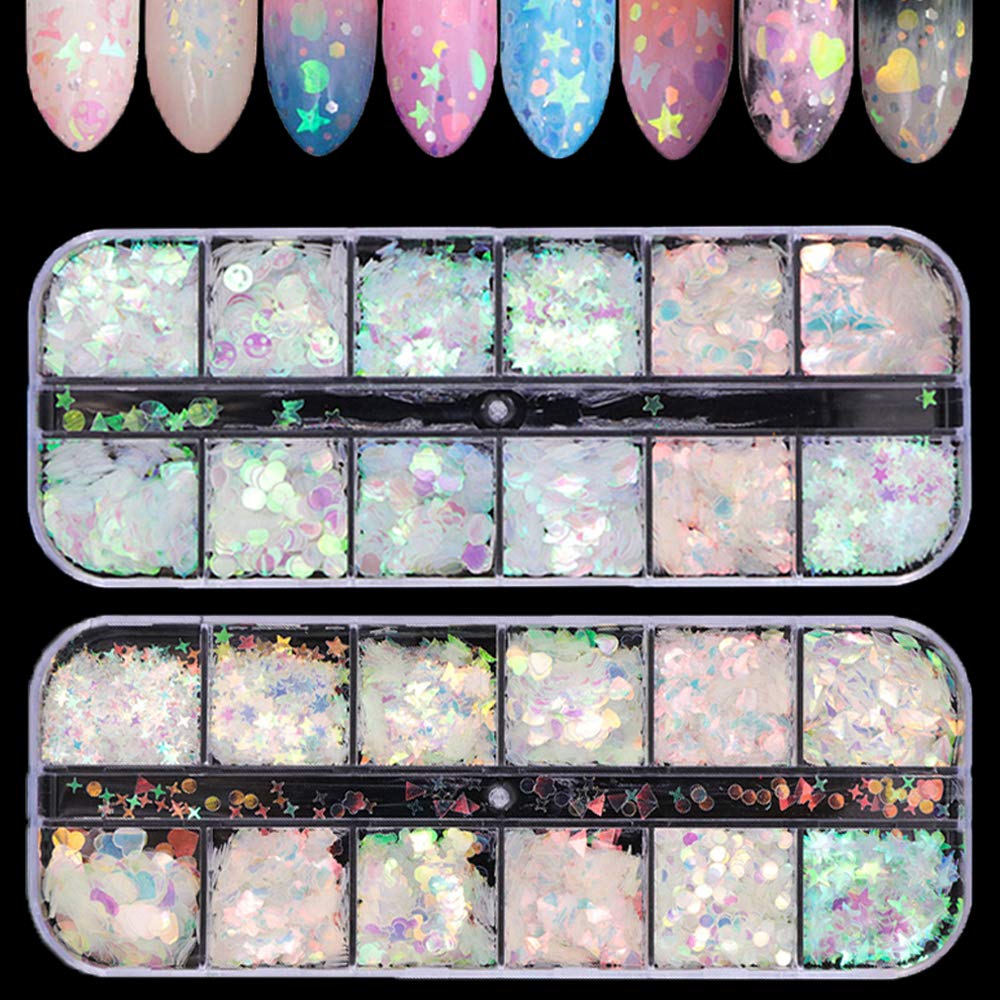 Tingbeauty 2Boxes 24Colors Holographic Nail Iridescent Sequins Colorful Flakes Nail Art Sticker Glitter DIY Decals Decoration for Face Body Eyes: Arts, Crafts & Sewing